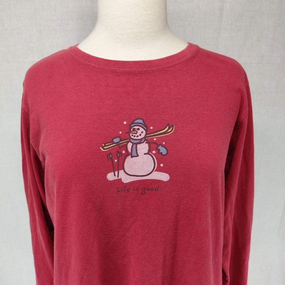 Life Is Good Snowman w/ Skis Red LS T-Shirt Sz XL - Picture 2 of 7